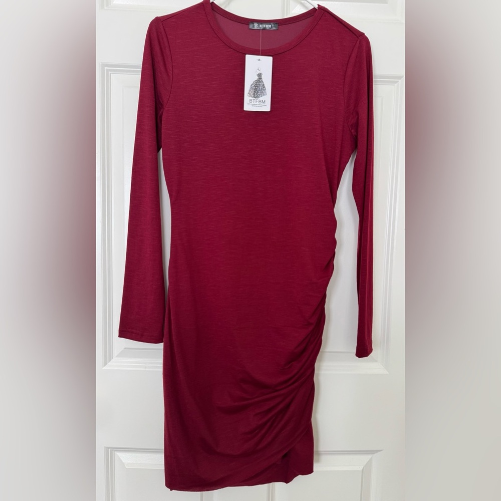 Elegant Long Sleeve Burgundy Red Dress